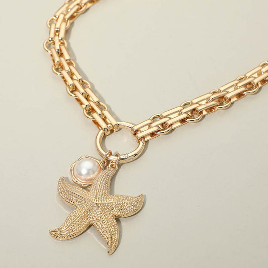 Starfish Pearl Charm Pendant Chunky Link Chain Necklace