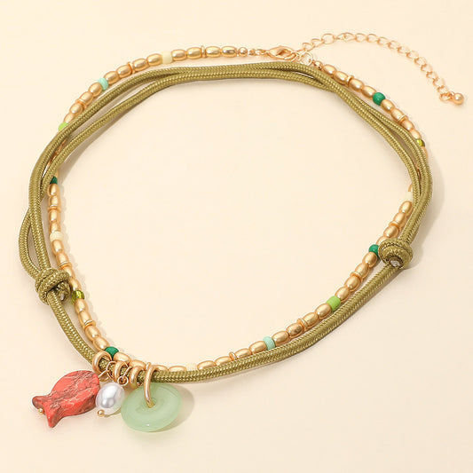 2PCS - Pearl Fish Ring Charm Beaded Adjustable Rope Brushed Metal Beaded Necklaces