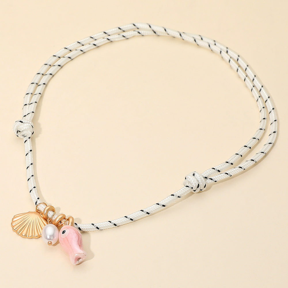 Sea Shell Fish Pearl Pendant Adjustable Rope Necklace