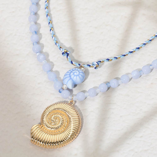Ceramic Fish Textured Metal Spiral Shell Pendant Accent Beaded Layered Statement Necklace