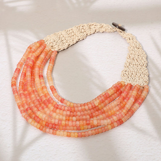 Woven Detail Multi Strand Beaded Collar Statement Necklace in Beige