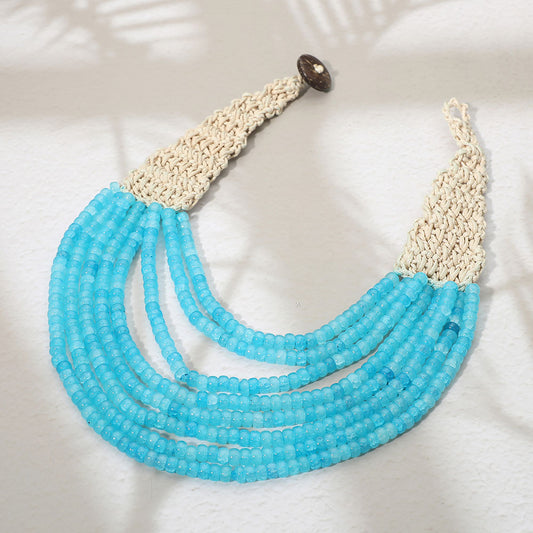 Woven Detail Multi Strand Beaded Collar Statement Necklace in Light Blue
