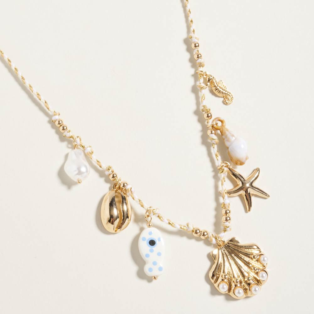 Pearl Seashell Starfish Seahorse Charm Station Fabric Chain Twisted Necklace in Gold & White