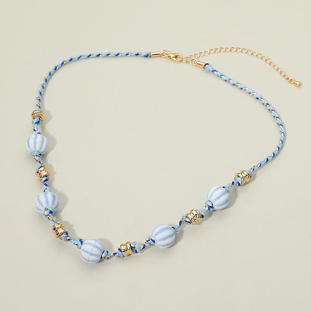 Beaded Cord Necklace in Blue & Gold