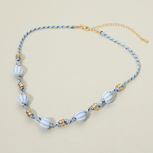 Beaded Cord Necklace in Blue & Gold