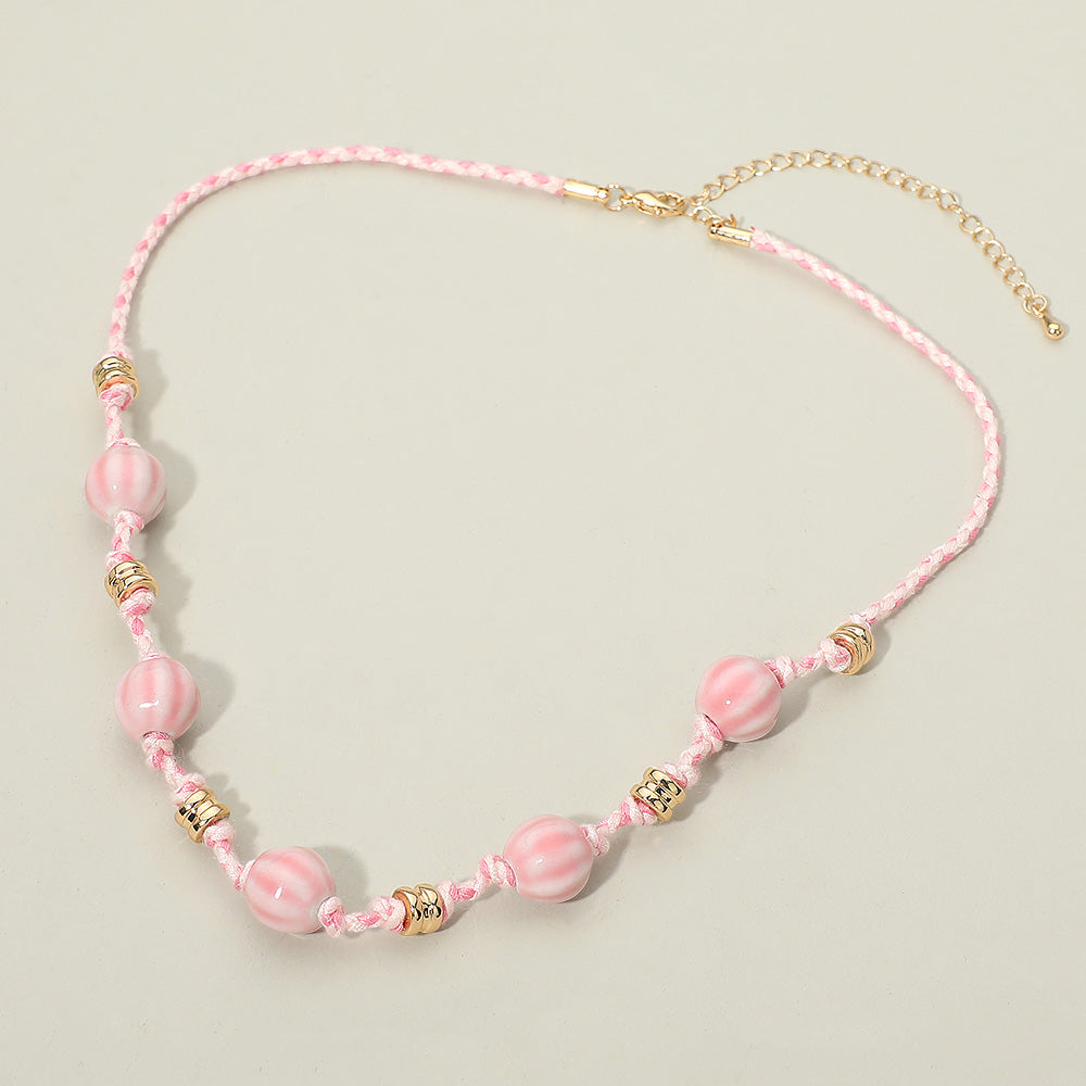 Beaded Cord Necklace in Gold & Pink