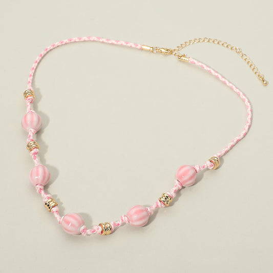 Beaded Cord Necklace in Gold & Pink