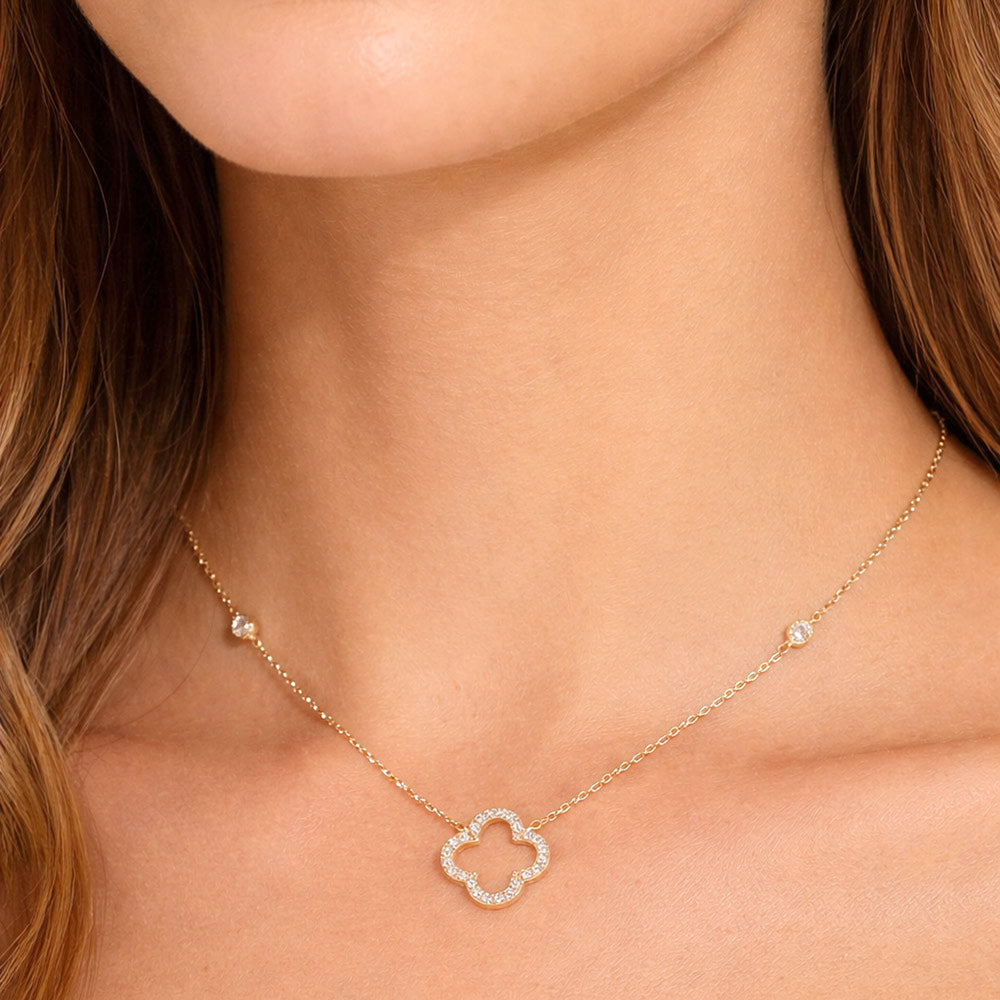 Gold Dipped CZ Pave Open Quatrefoil Pendant Accent Bezel Station Chain Necklace