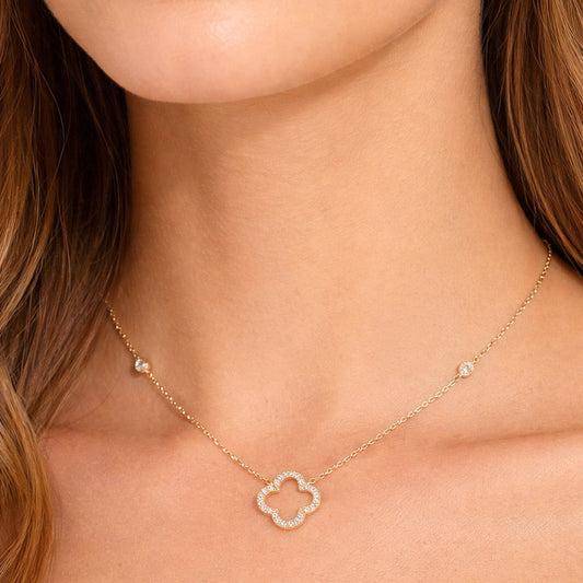 Gold Dipped CZ Pave Open Quatrefoil Pendant Accent Bezel Station Chain Necklace