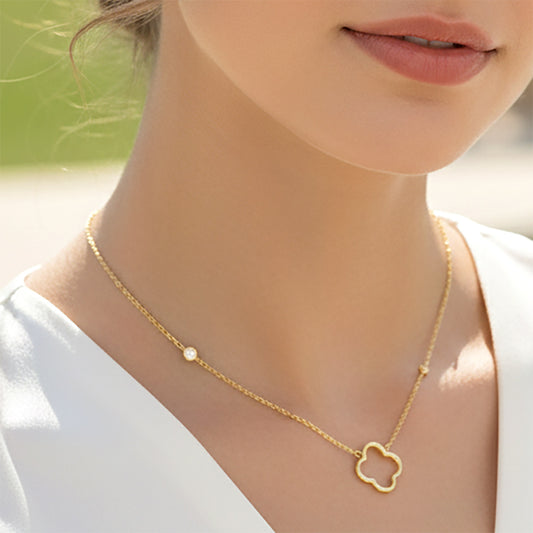 Gold Dipped Open Quatrefoil Pendant Accent CZ Bezel Link Chain Necklace