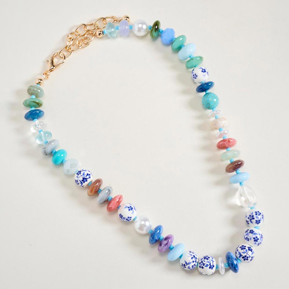 Mixed Beaded Floral Statement Necklace in Blue