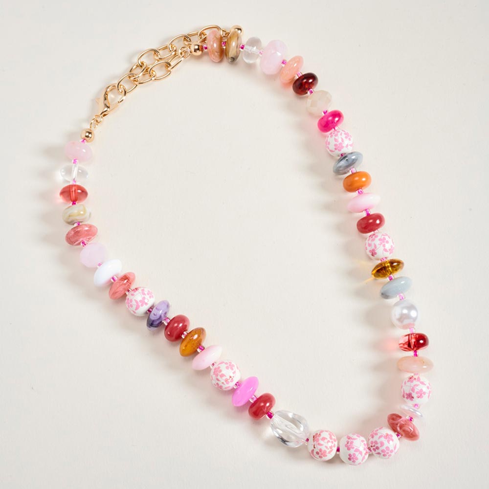 Mixed Beaded Floral Statement Necklace in Pink