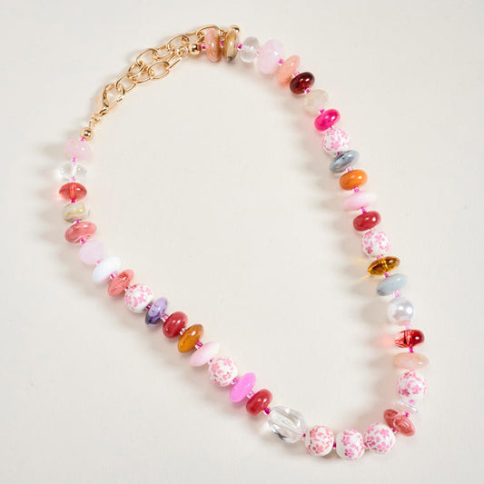 Mixed Beaded Floral Statement Necklace in Pink