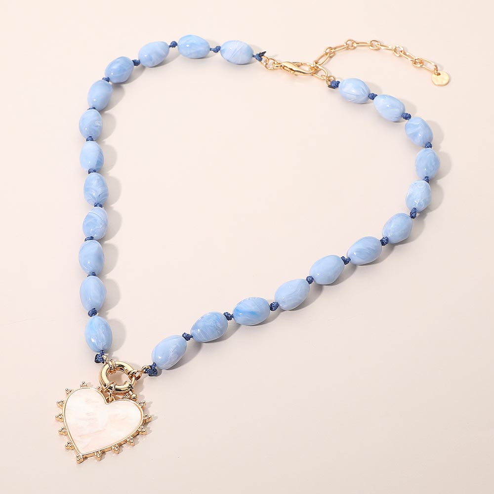 Mother of Pearl Heart Pendant Marbled Resin Oval Beaded Necklace