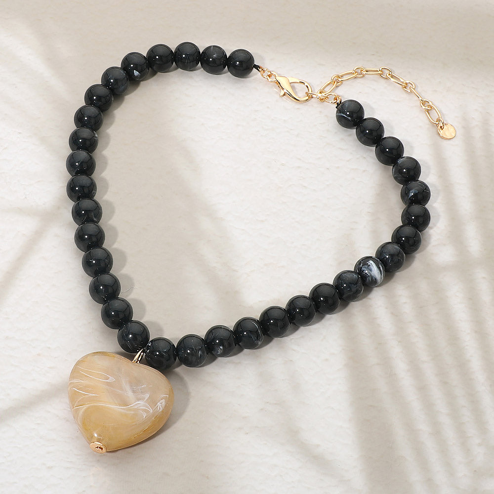 Chunky Marbled Resin Heart Charm Beaded Necklace