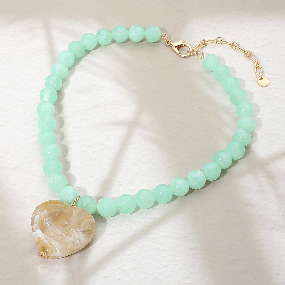 Chunky Marbled Resin Heart Charm Beaded Necklace in Neutral