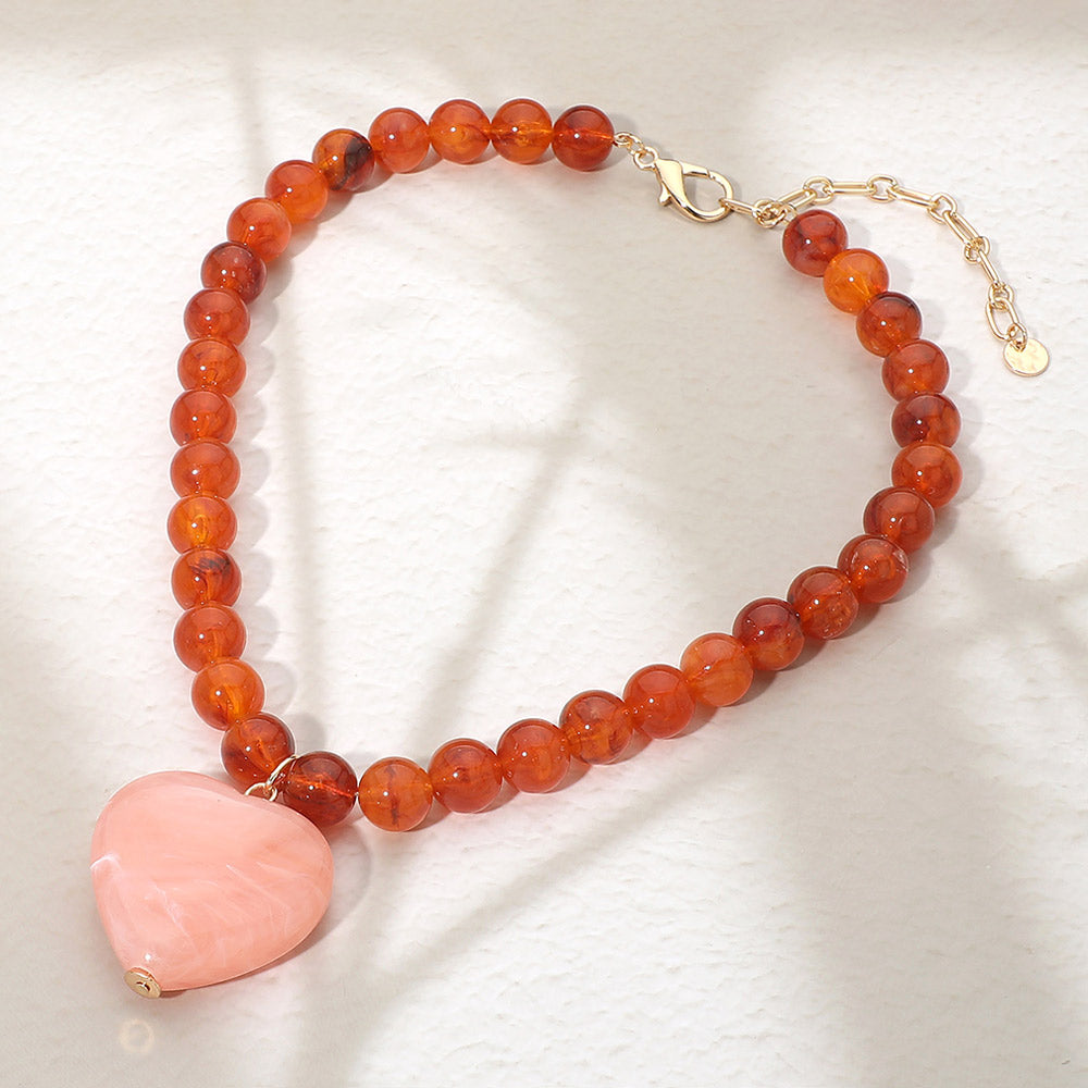 Chunky Marbled Resin Heart Charm Beaded Necklace in Rose