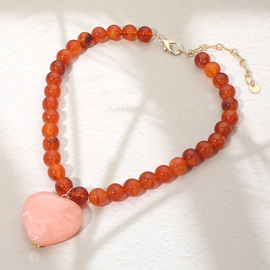 Chunky Marbled Resin Heart Charm Beaded Necklace in Rose