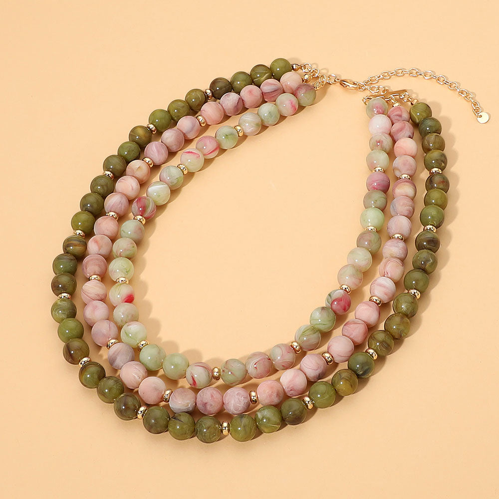 Triple Strand Beaded Statement Necklace in Gold, Multi & Olive Green
