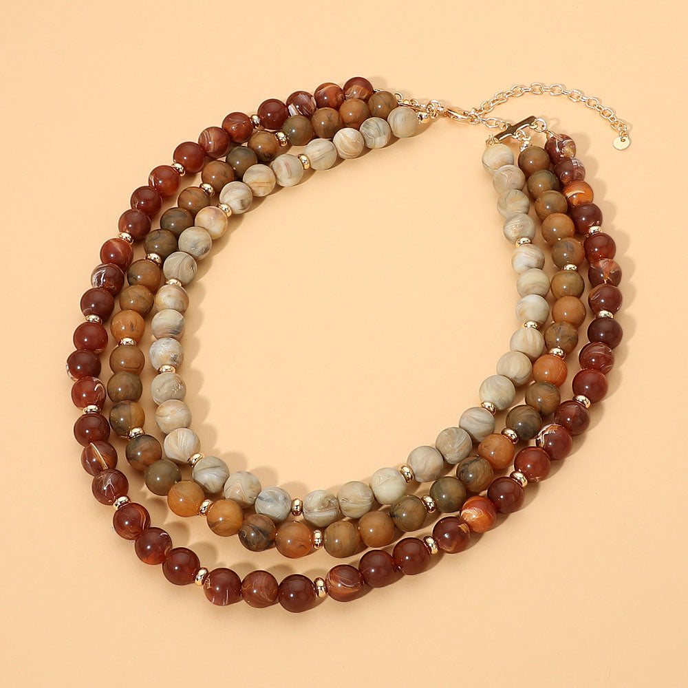 Triple Strand Beaded Statement Necklace in Gold, Multi & Taupe