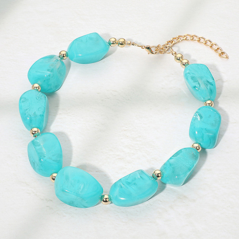 Chunky Resin Pebble Beaded Necklace in Aqua