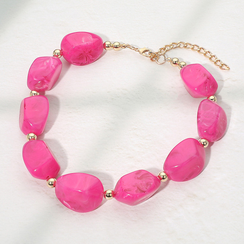 Chunky Resin Pebble Beaded Necklace in Fuchsia
