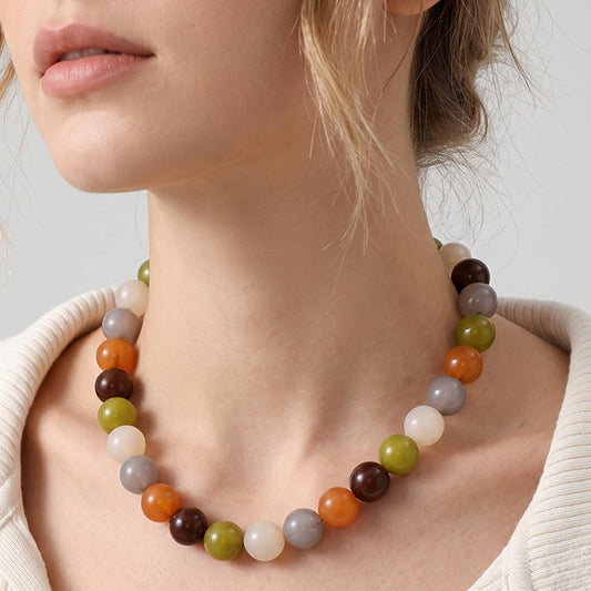 Bold Chunky Round Beaded Statement Necklace in Multi & Olive Green