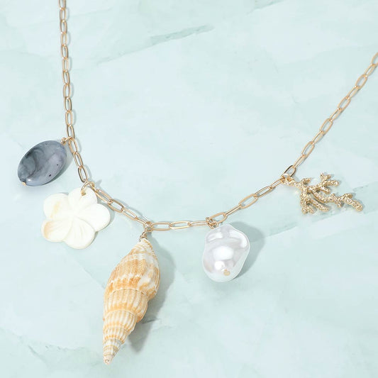 Seashell Pearl Flower Coral Charm Station Paperclip Chain Necklace