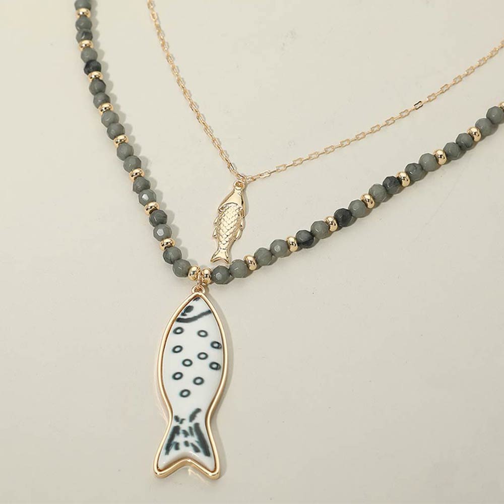 Fish Pendant Accent Beaded Chain Layered Necklace in Black & Gold