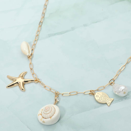 Shell Pearl Fish Starfish Charm Station Paperclip Chain Necklace
