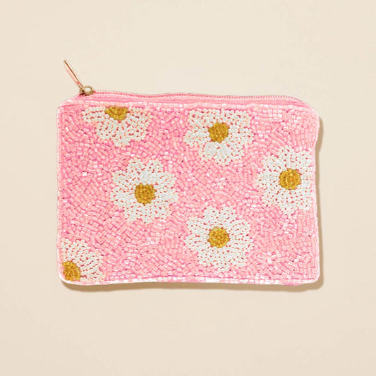 Daisy Pattern Seed Beaded Mini Pouch Bag
