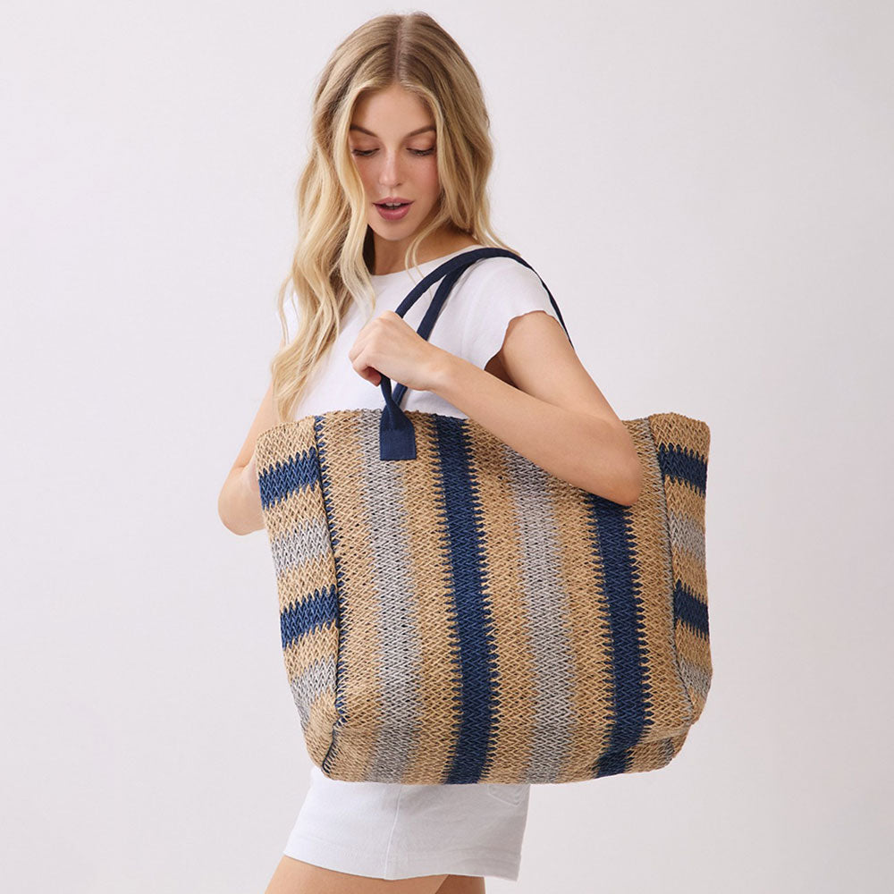 Natural Multi Color Stripe Straw Tote Bag in Navy