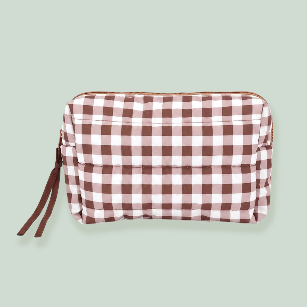 Holiday Checkered Pattern Quilted Cosmetic Pouch Bag in Brown