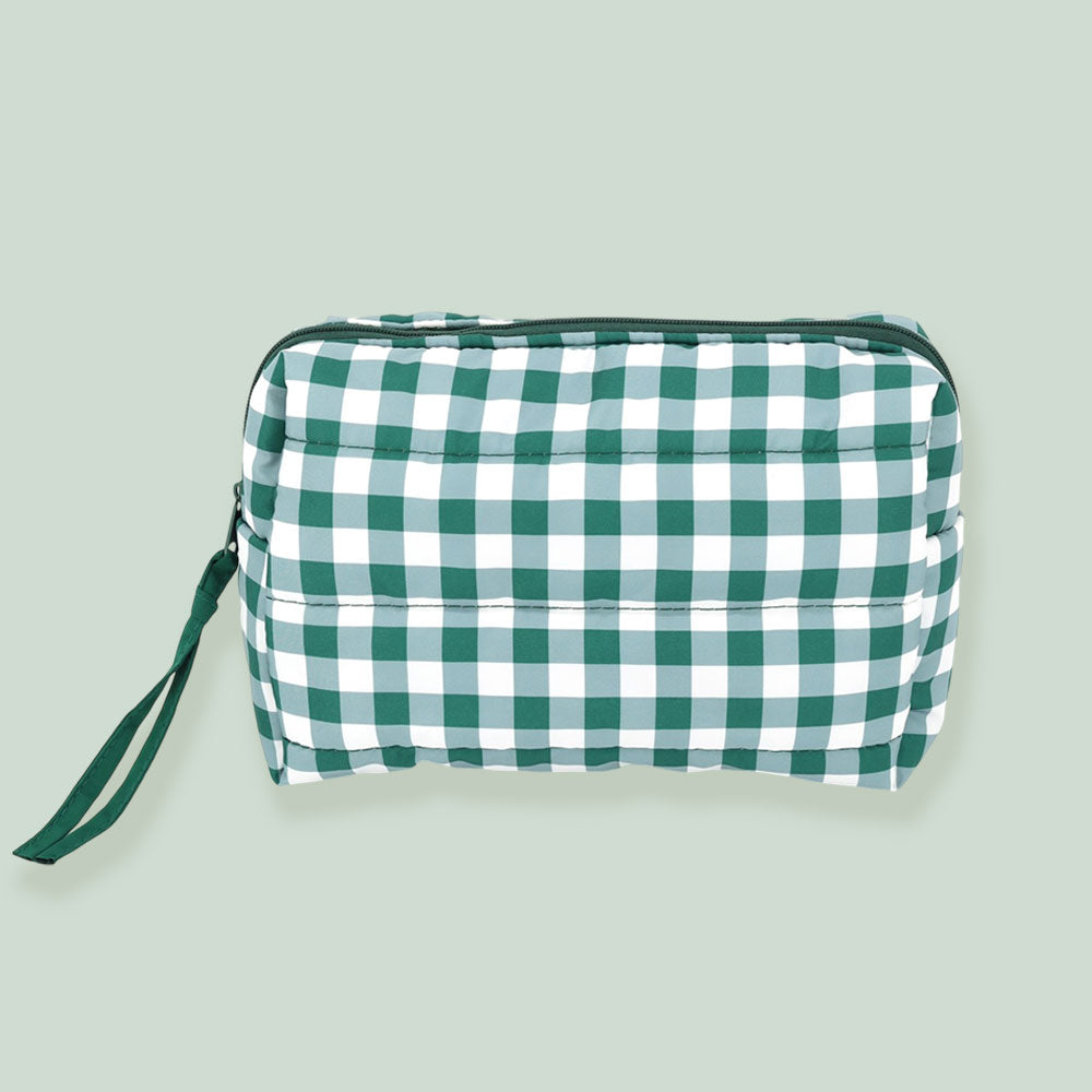 Holiday Checkered Pattern Quilted Cosmetic Pouch Bag in Green