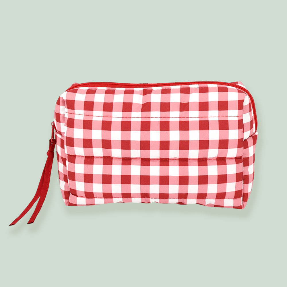 Holiday Checkered Pattern Quilted Cosmetic Pouch Bag in Red