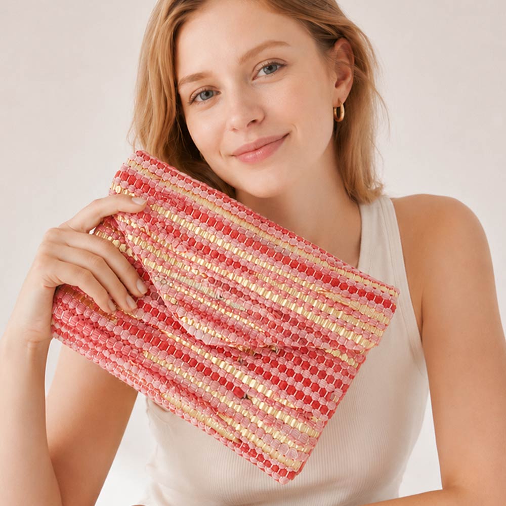 Boho Textured Envelope Clutch Crossbody Bag in Pink
