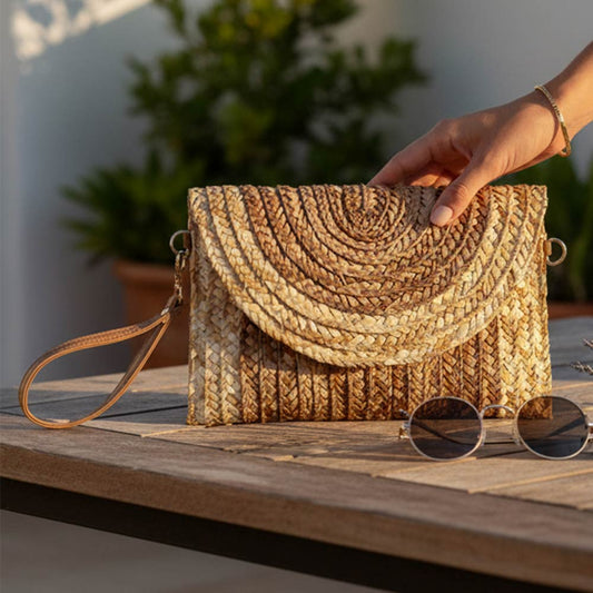 Boho Woven Envelope Wristlet Clutch Crossbody Bag in Beige