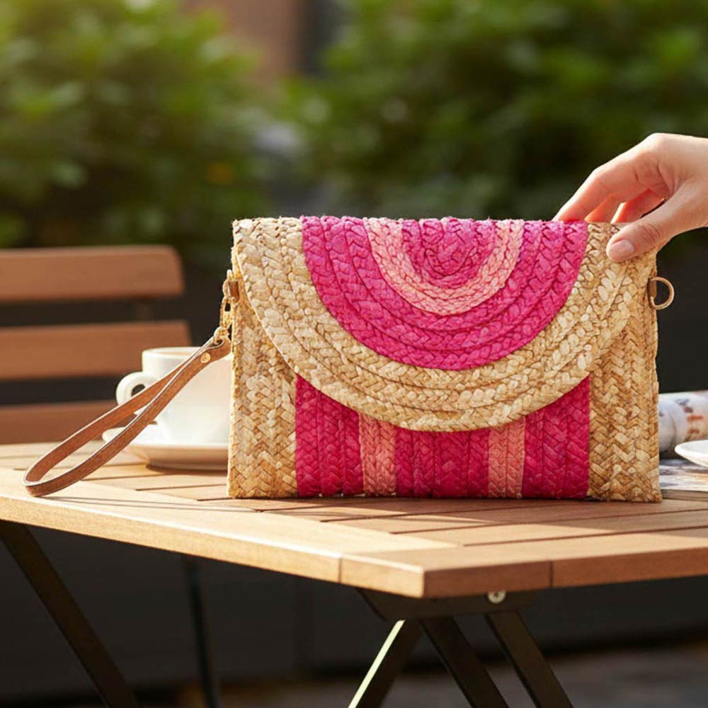 Boho Woven Envelope Wristlet Clutch Crossbody Bag in Fuchsia