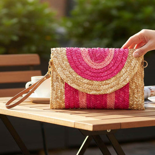 Boho Woven Envelope Wristlet Clutch Crossbody Bag in Fuchsia