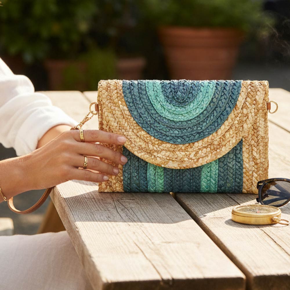 Boho Woven Envelope Wristlet Clutch Crossbody Bag in Turquoise