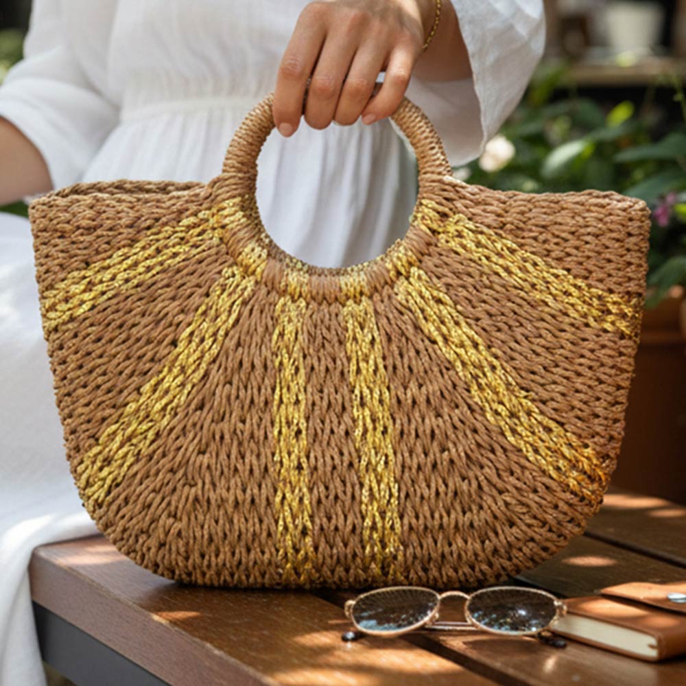 Round Handle Metallic Accent Woven Tote Bag