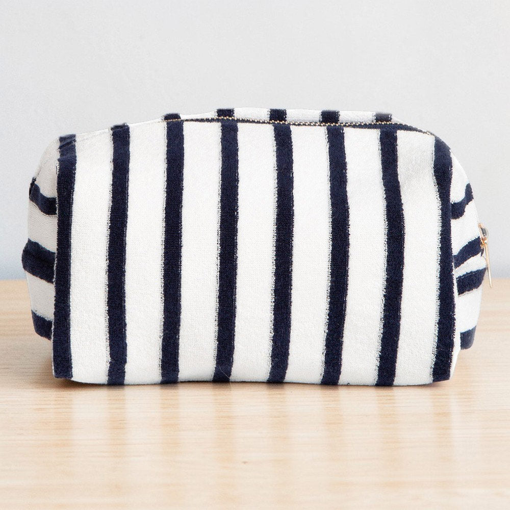 Striped Terry Textured Cosmetic Pouch Bag in Navy
