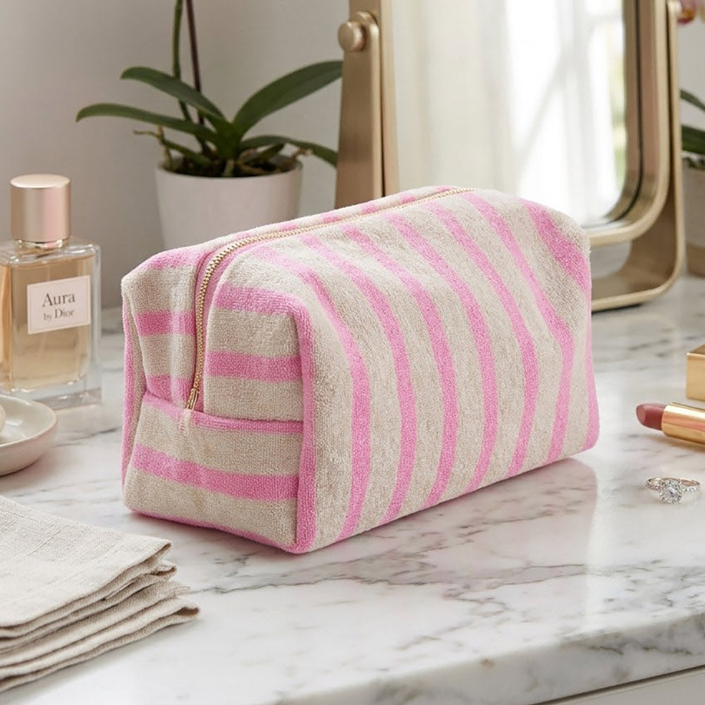 Striped Terry Textured Cosmetic Pouch Bag in Pink