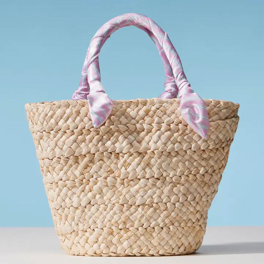 Stripe Print Fabric Scarf Wrapped Handle Raffia Tote Bag