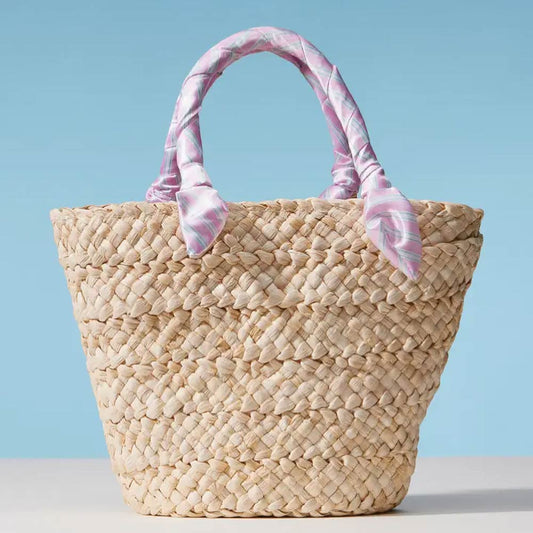 Stripe Print Fabric Scarf Wrapped Handle Raffia Tote Bag