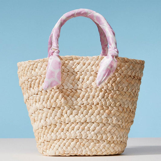 Shell Print Fabric Scarf Wrapped Handle Raffia Tote Bag