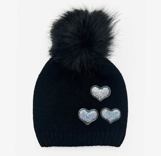 Confetti Filled Heart Pom Beanie in Black / L/XL