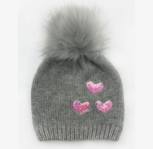 Confetti Filled Heart Pom Beanie in Grey / L/XL