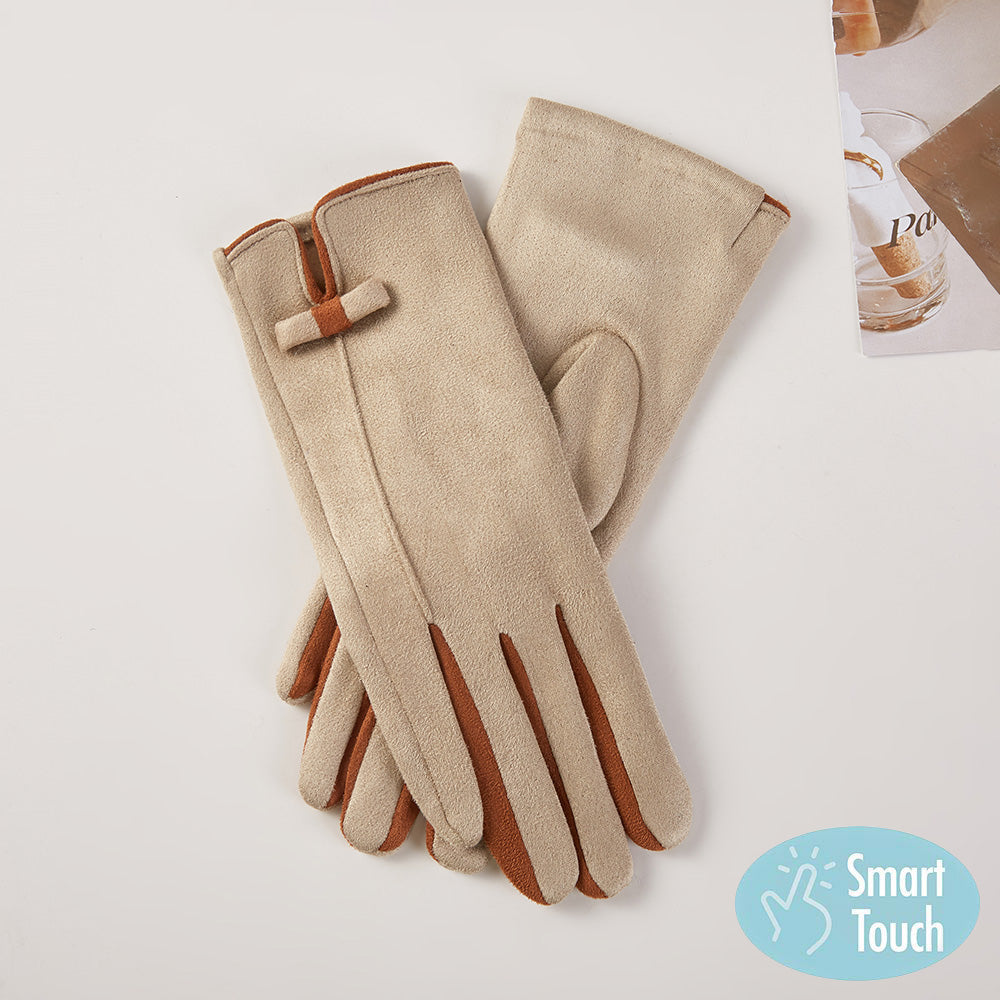 Two Tone Bow Accent Smart Touch Gloves Ivory