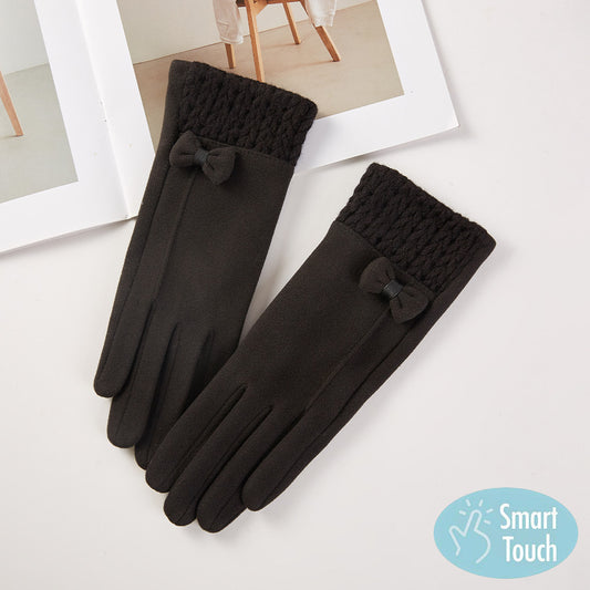 Bow Accent Knit Cuff Smart Touch Gloves